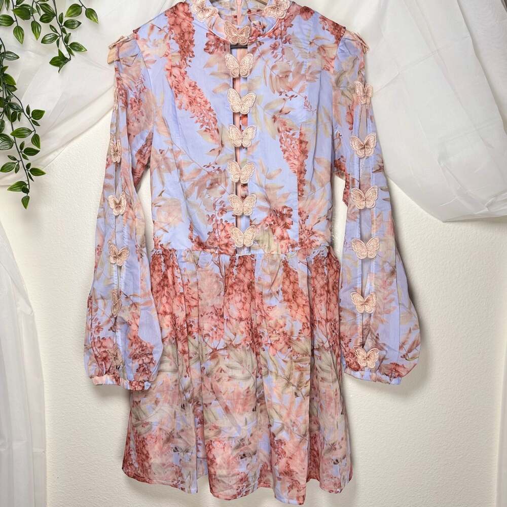 Fairy Butterfly Floral Print Mini Dress with Cutouts Butterfly Accents